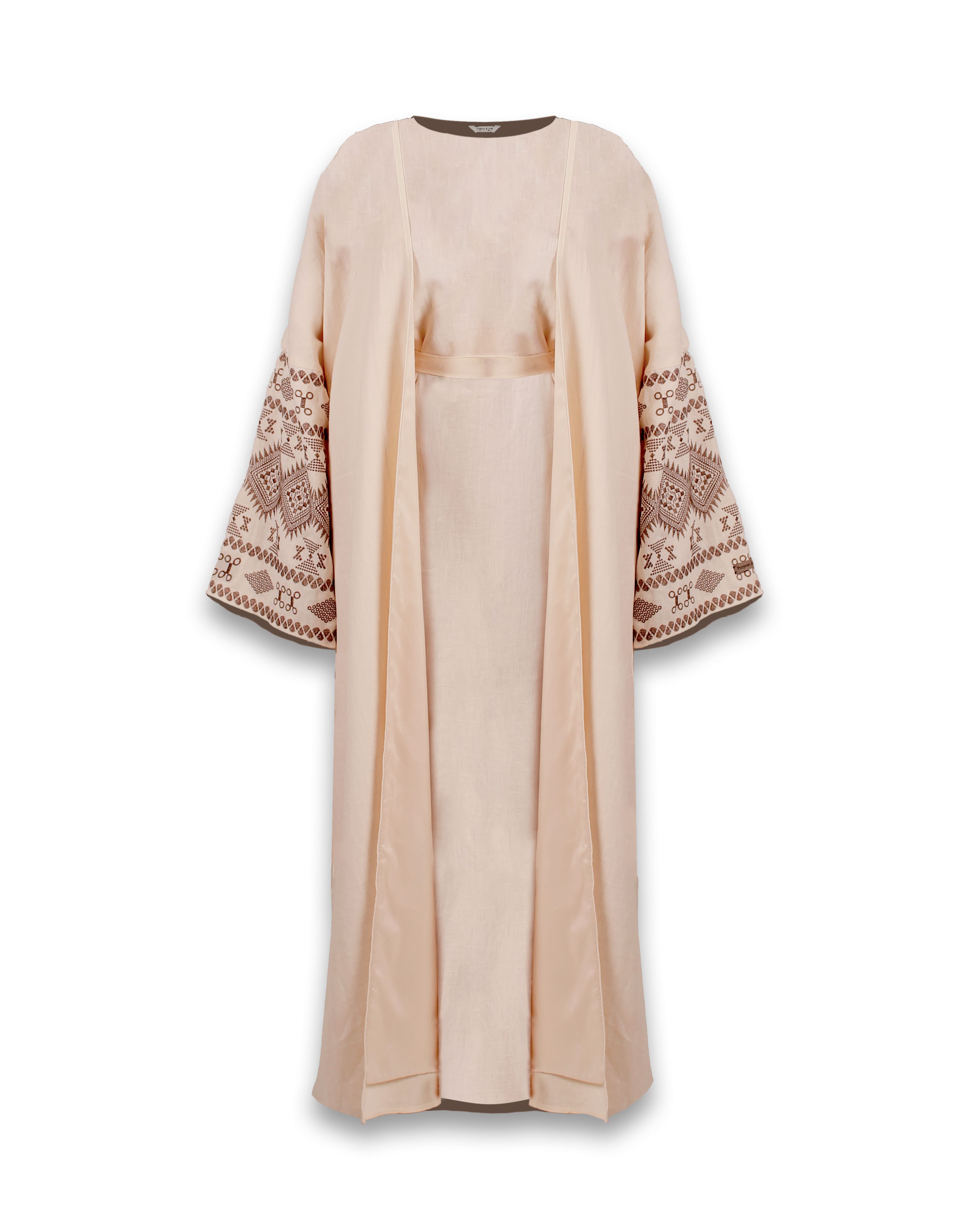Produktbild der Sahara Abaya in Beige – elegante islamische Kleidung mit Muster